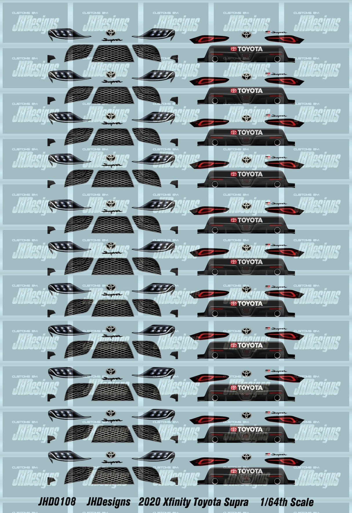 JH Designs Toyota Supra 2022 Xfinity Headlights & Tail Lights 1:64 Racecar Decal Set