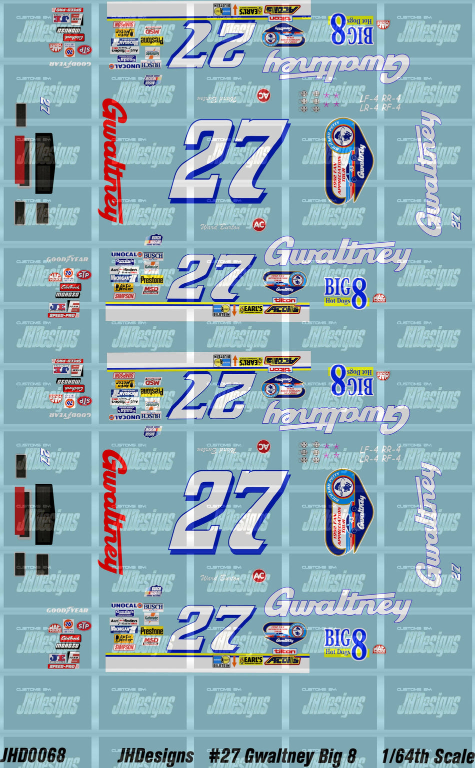 JH Designs Ward Burton 1992 NBS #27 Gwaltney Big 8 Hotdogs (Darlington) 1:64 Racecar Decal Set