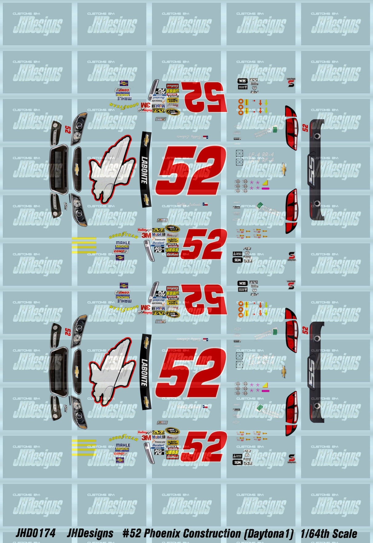 JH Designs Bobby Labonte 2014 CUP #52 Phoenix Construction (Daytona1) 1:64 Racecar Decal Set
