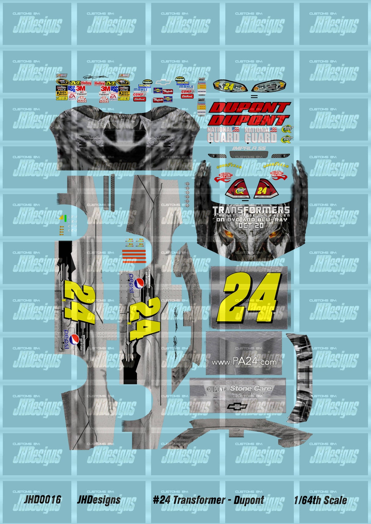JH Designs Jeff Gordon 2009 CUP #24 Transformer Revenge of the Fallen 1:64 Racecar Decal Set