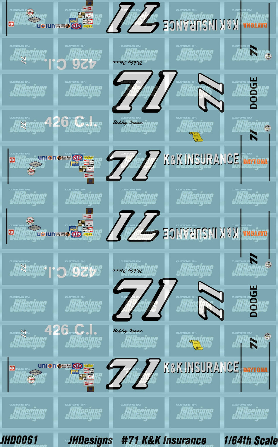 JH Designs Bobby Isaac 1970 CUP #71 K&K Insurance (Series Champion) 1:64 Racecar Decal Set