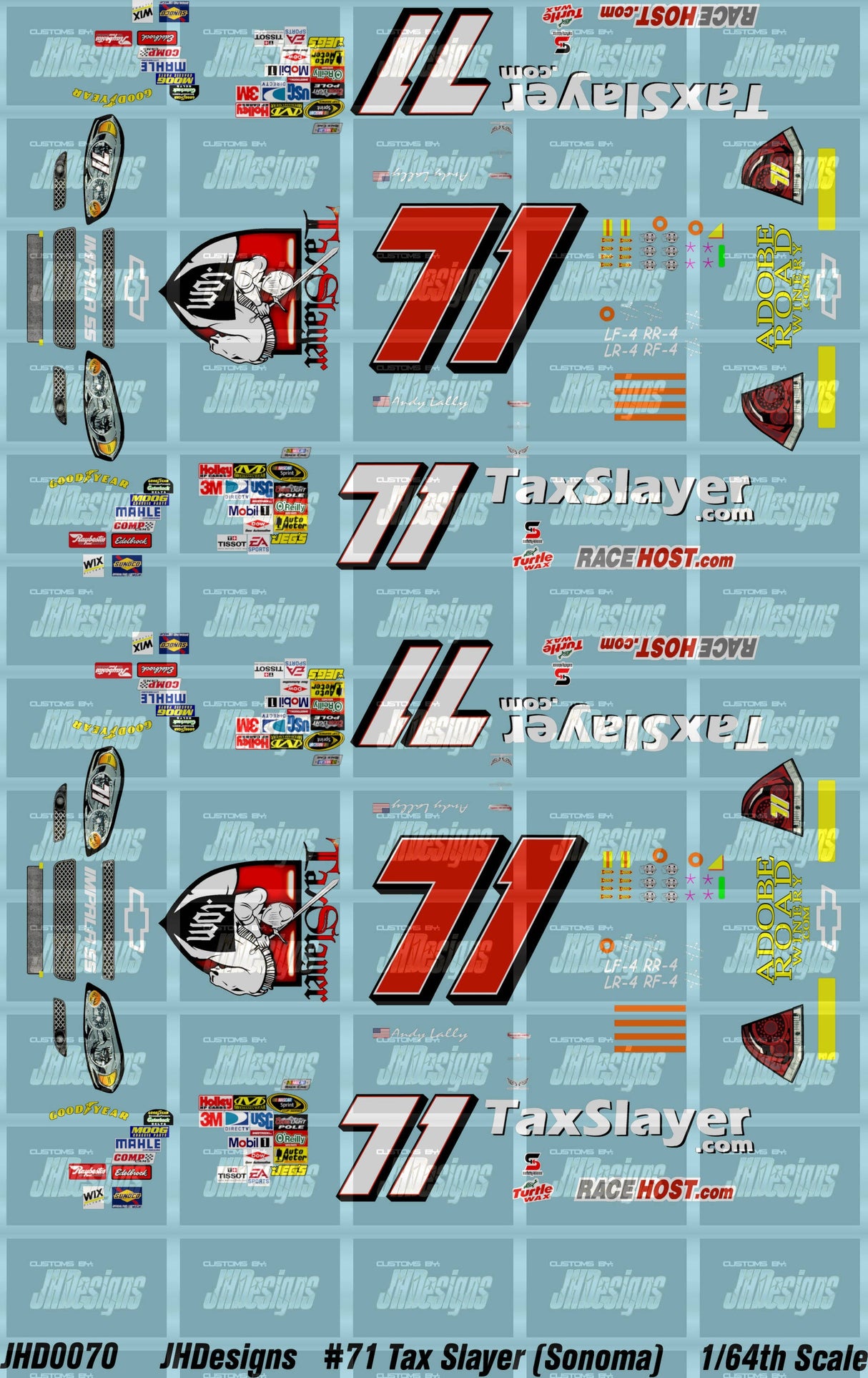 JH Designs Andy Lally 2009 CUP #71 Tax Slayers (Watkins Glen) 1:64 Racecar Decal Set