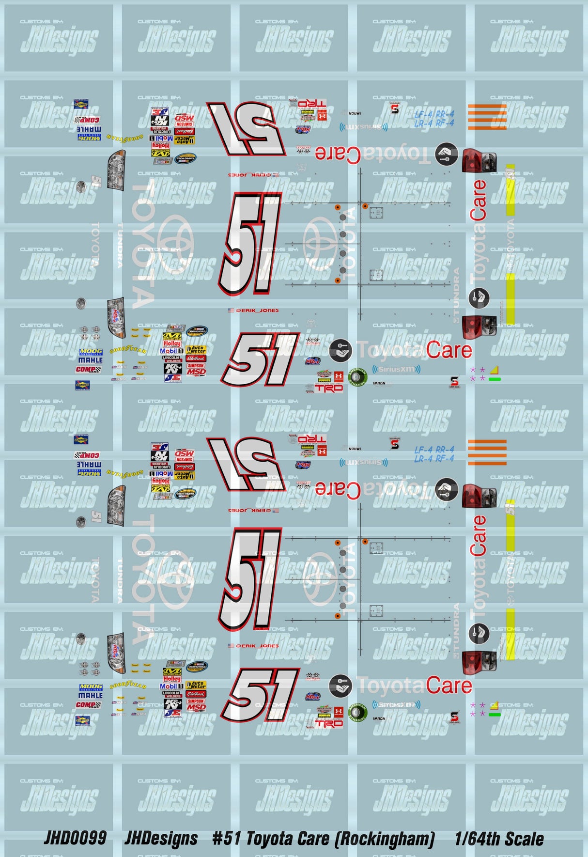 JH Designs Erik Jones 2013 TRUCK #51 Toyota Care (Rockingham) 1:64 Racecar Decal Set