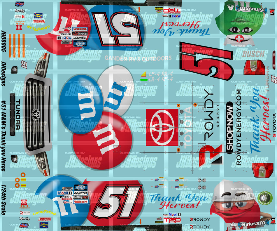 JH Designs Kyle Busch 2020 GMTS #51 M&M's Thank You Heros 1:24 Racecar Decal Set