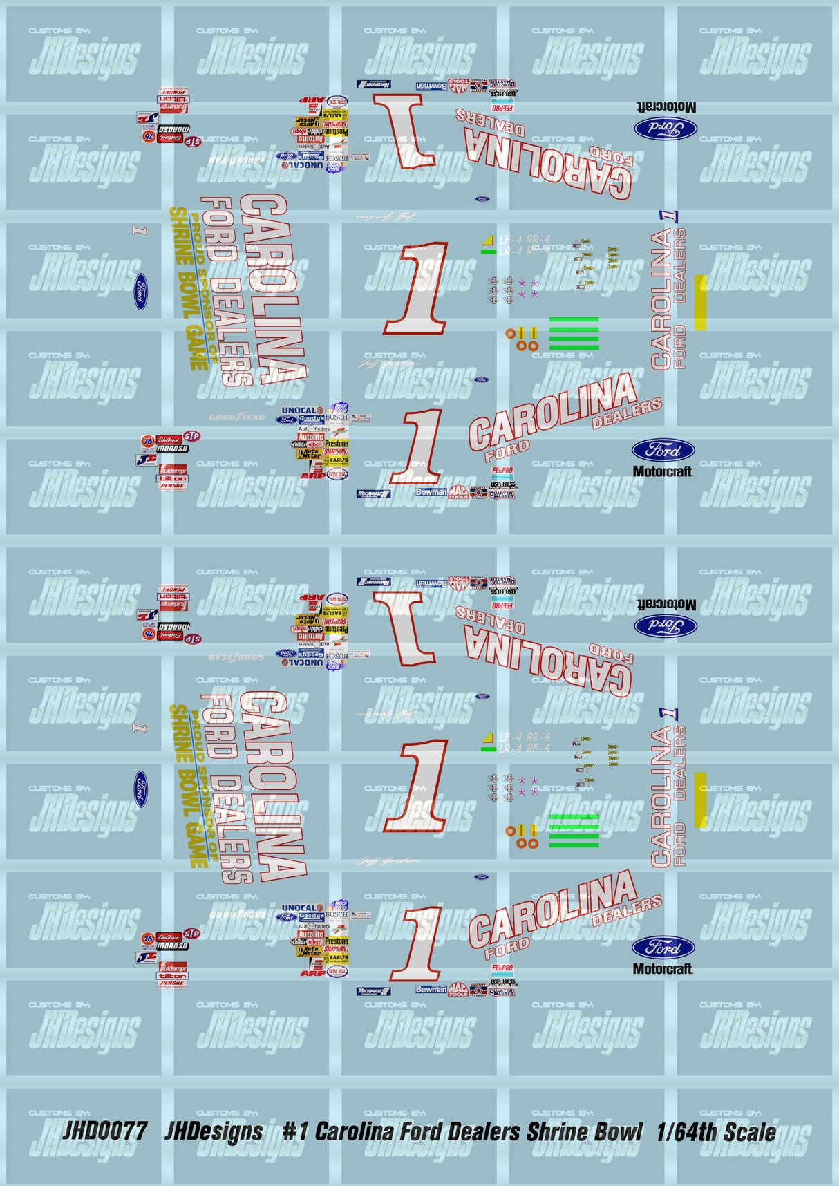 JH Designs Jeff Gordon 1991 NBS #1 Carolina Ford Dealers Shrine Bowl 1:64 Racecar Decal Set