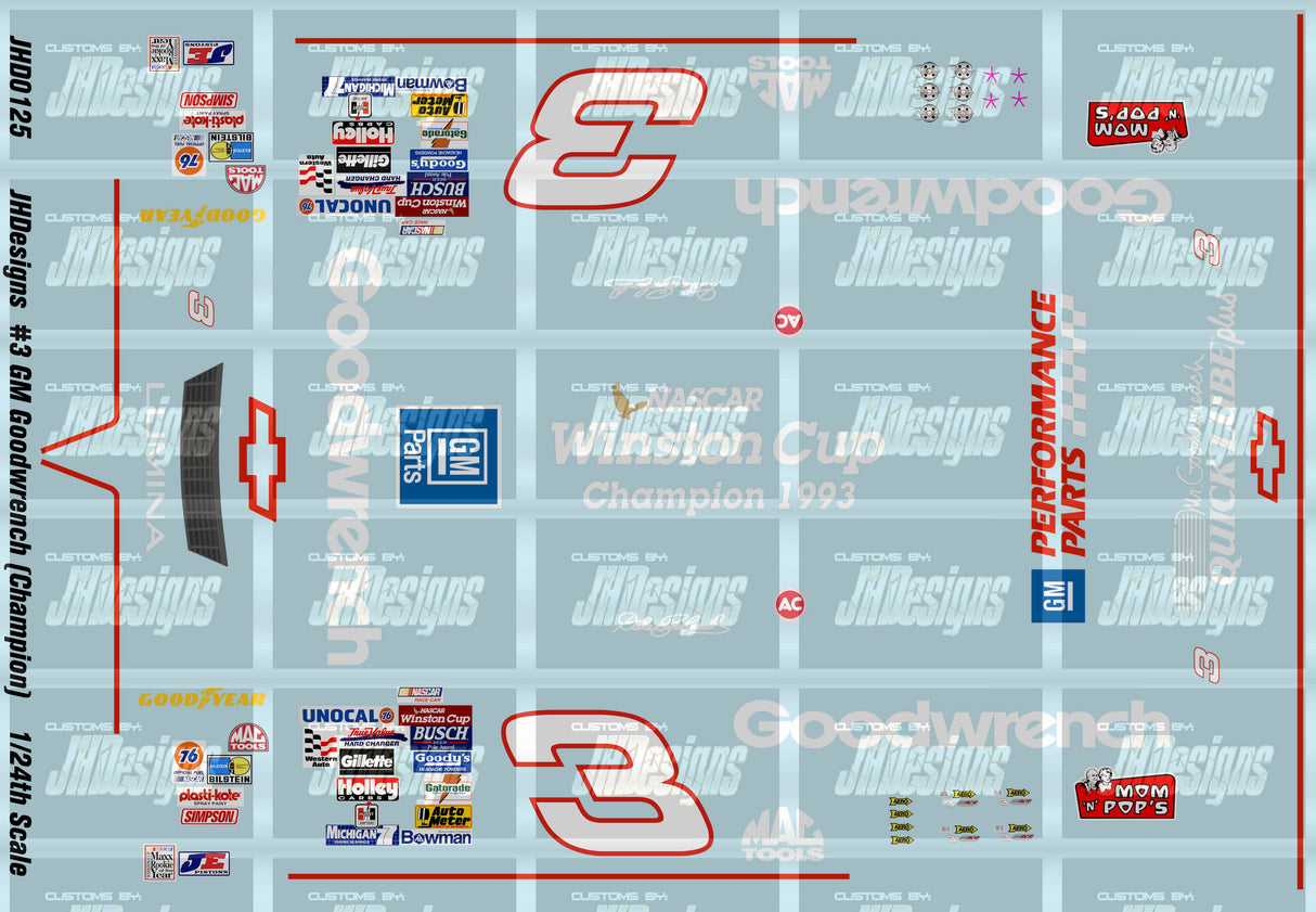 JH Designs Dale Earnhardt 1993 CUP #3 GM Goodwrench (Champion) 1:24 Racecar Decal Set