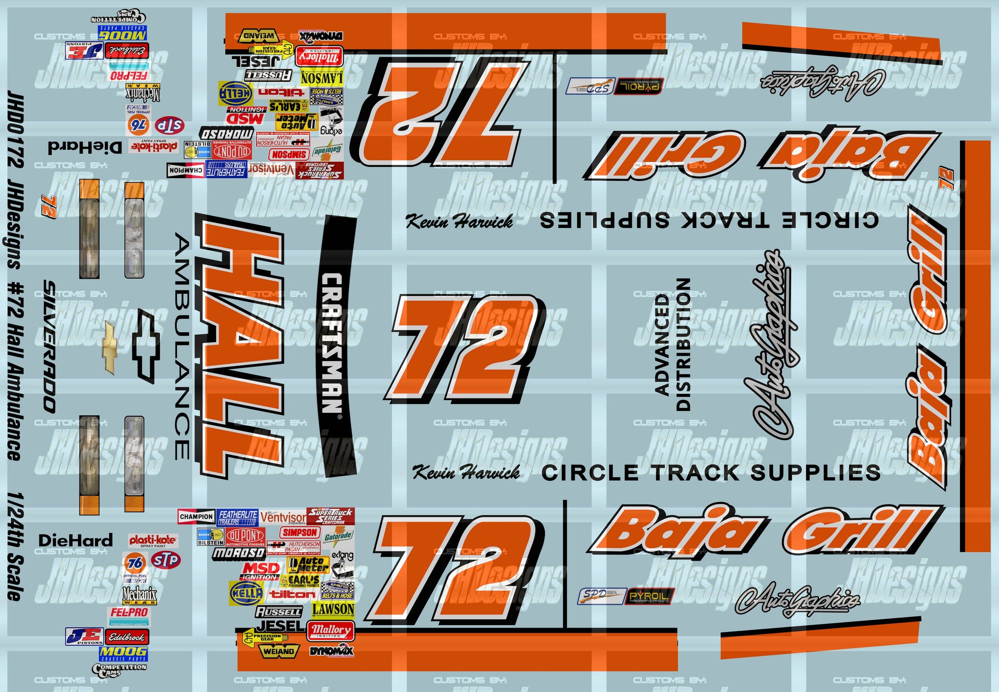 JH Designs Kevin Harvick 1995 CTS #72 Hall Ambulance 1:24 Racecar Deca ...