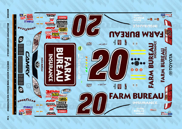 Millersport Customs 2008 Kyle Busch Farm Bureau #20 Nationwide Series Toyota Camry 1/24 Decal Set