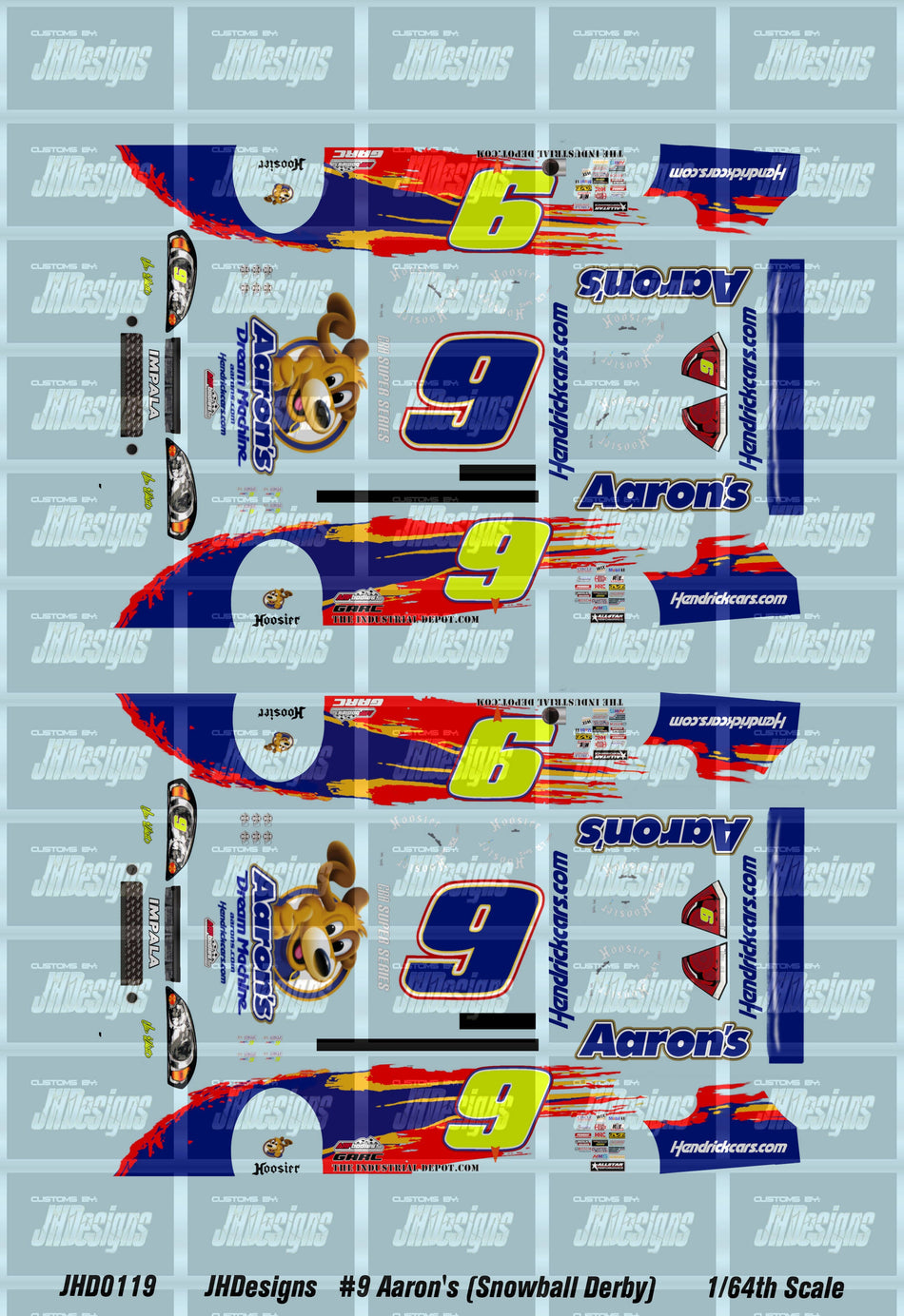 JH Designs Chase Elliott 2011 LMS #9 Aaron's (Snowball Derby Clean Version) 1:64 Racecar Decal Set