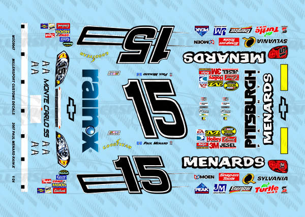 Millersport Customs 2007 Paul Menard Rain-X Chevy Monte Carlo SS 1/24 Decal Set