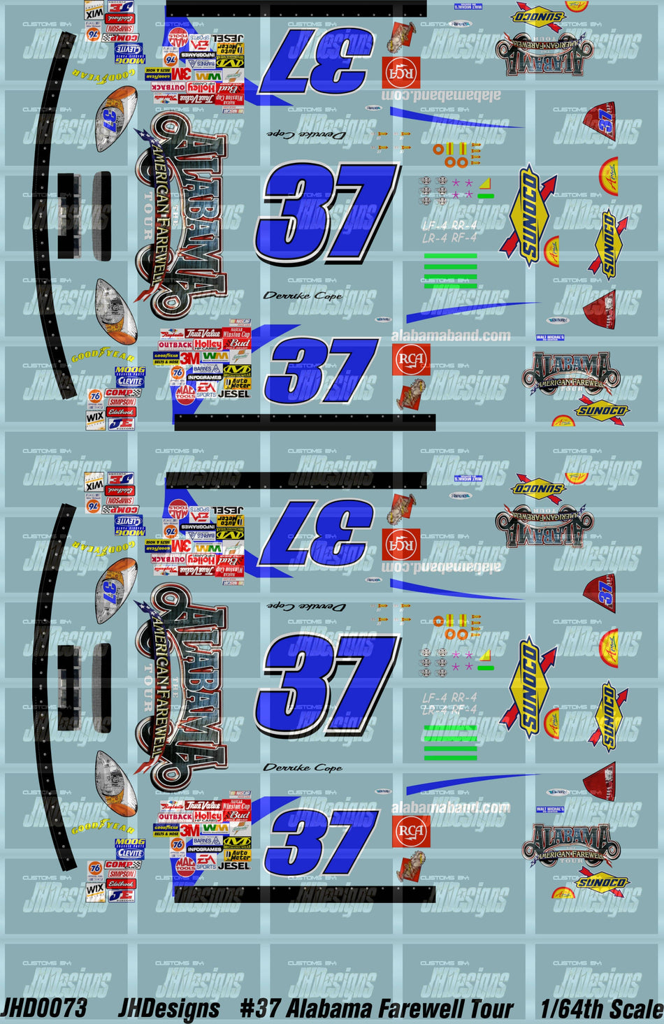 JH Designs Derrike Cope 2002 CUP #37 Alabama American Farewell Tour 1:64 Racecar Decal Set