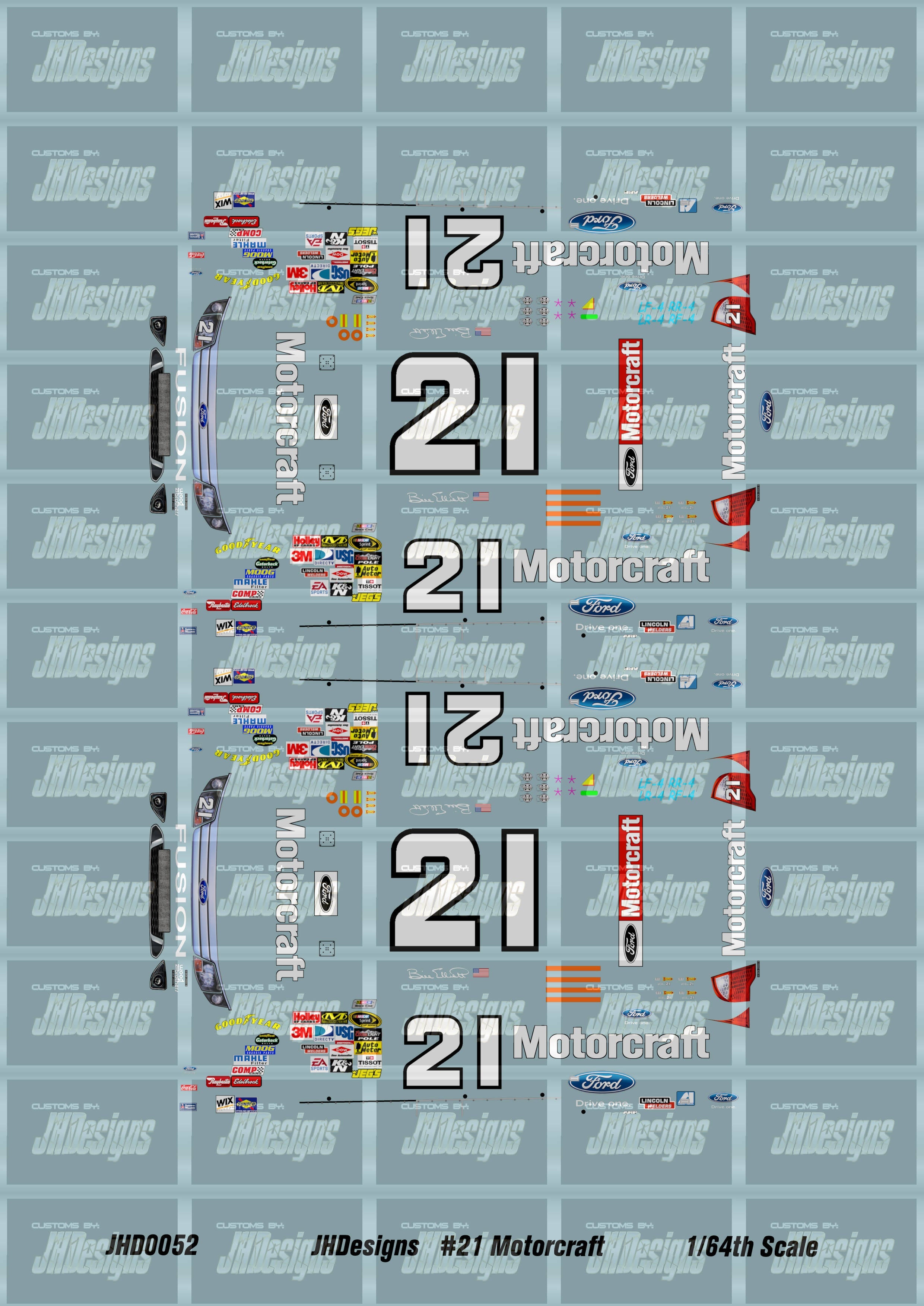 Design One Racing Decals JH Designs Bill Elliott 2009 CUP #21 Motorcraft 1:64 Racecar Decal Set ...