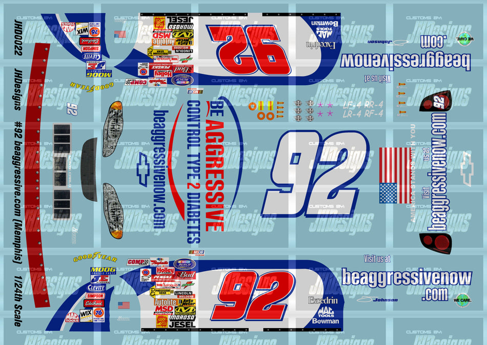 JH Designs Jimmie Johnson 2001 NBS #92 Beagressive.com (Memphis Race Version) 1:24 Racecar Decal Set