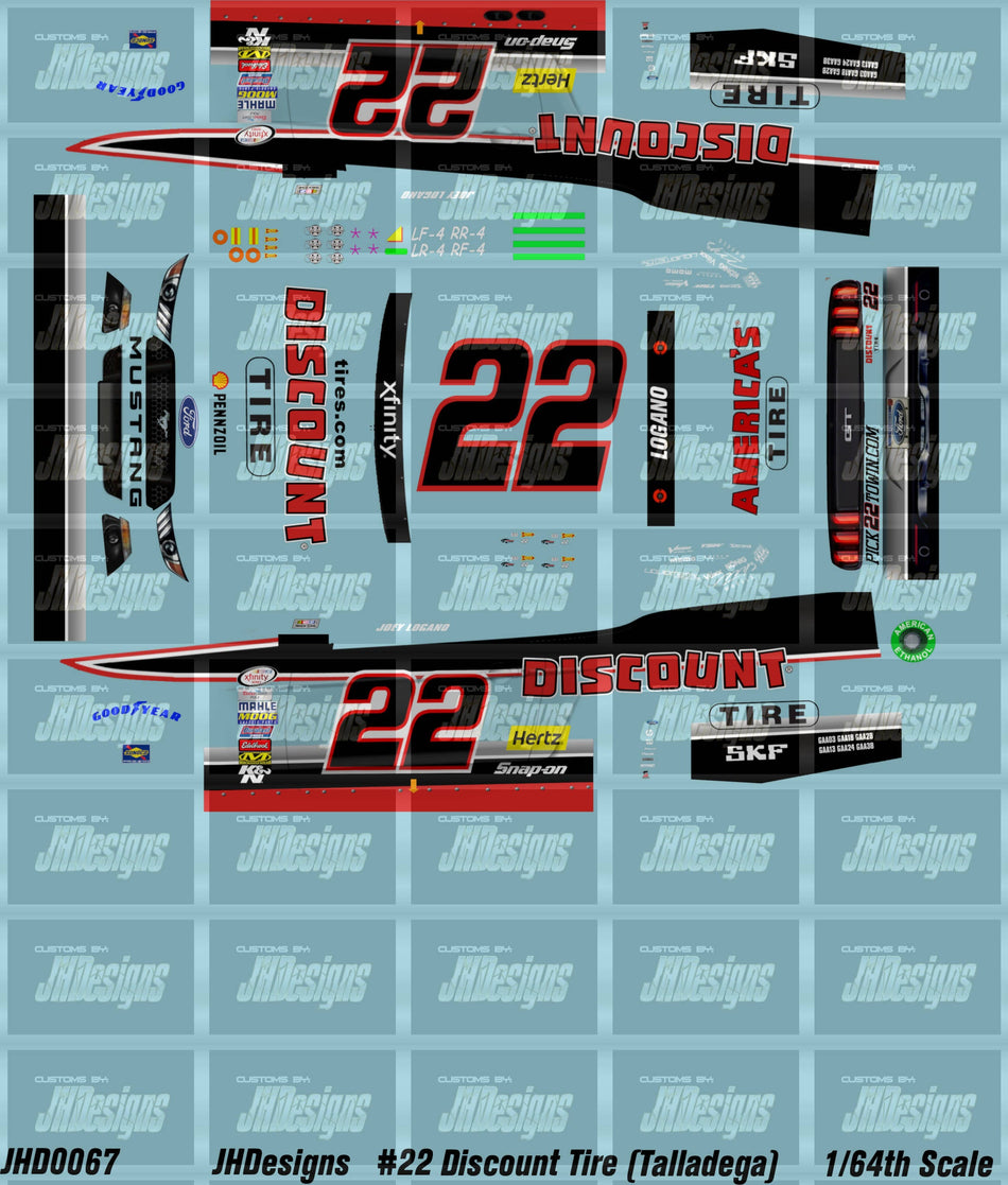 JH Designs Joey Logano 2015 NXS #22 Discount Tire (Talladega) 1:64 Racecar Decal Set