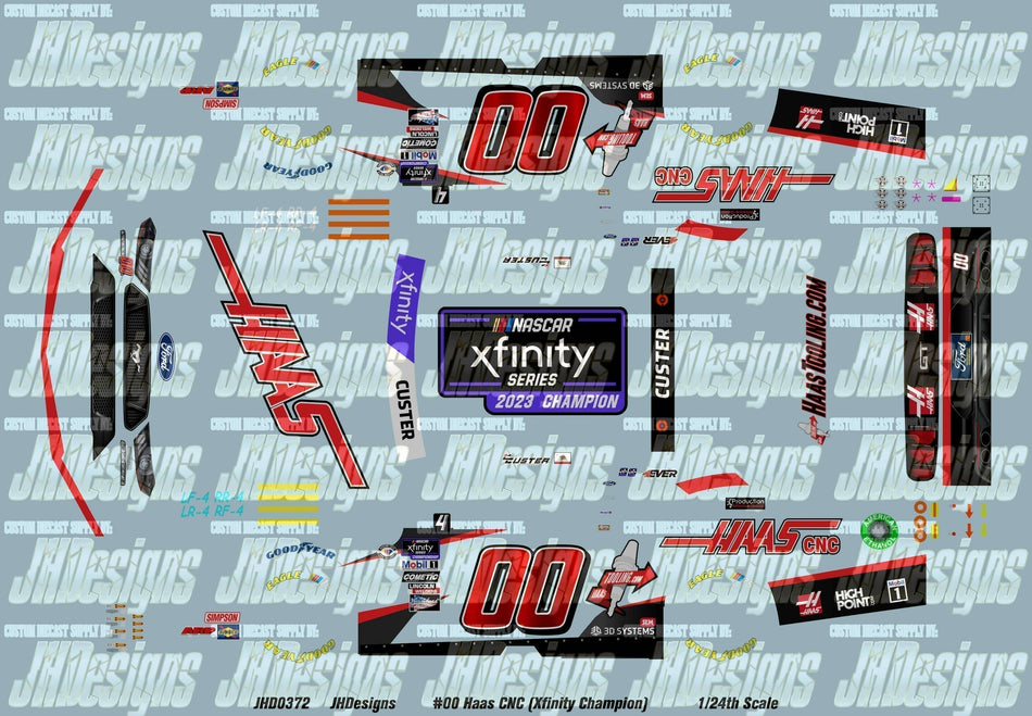 JH Designs Cole Custer 2023 NXS #00 Haas CNC (Xfinity Series Champion) 1:24 Racecar Decal Set