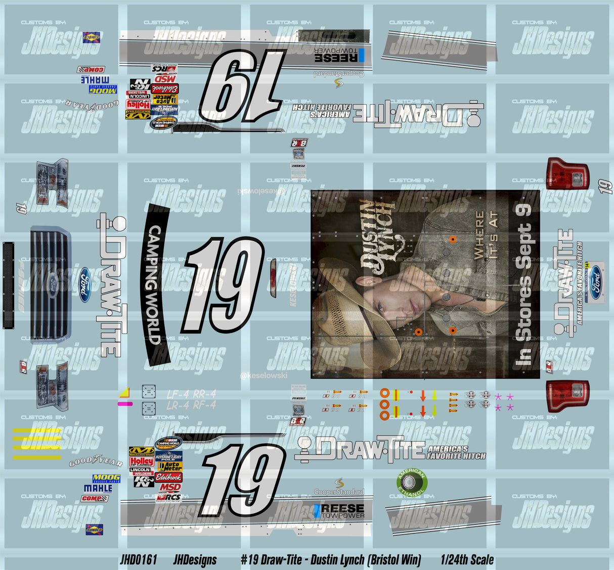 JH Designs Brad Keselowski 2014 CWTS #19 Draw-Tite - Dustin Lynch (Bristol) 1:24 Racecar Decal Set