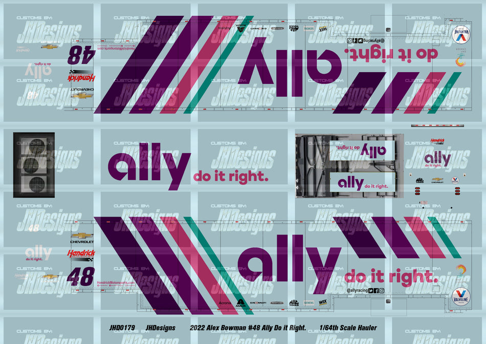 JH Designs Alex Bowman 2022 Cup #48 Ally Financial 1:64 Racecar Hauler Decal Set