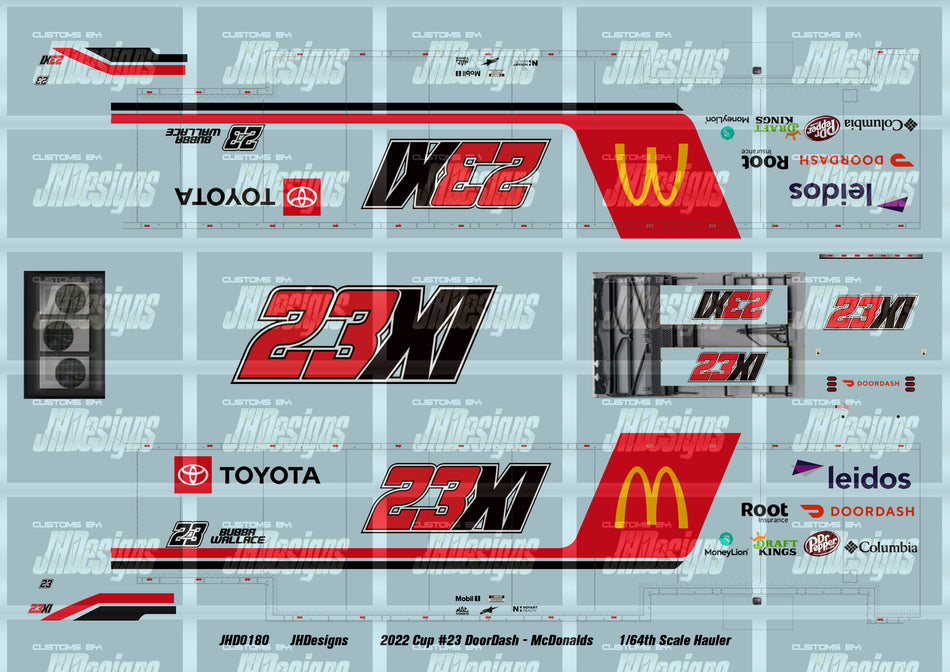 JH Designs Bubba Wallace 2022 Cup #23 23XI McDonalds 1:64 Racecar Hauler Decal Set