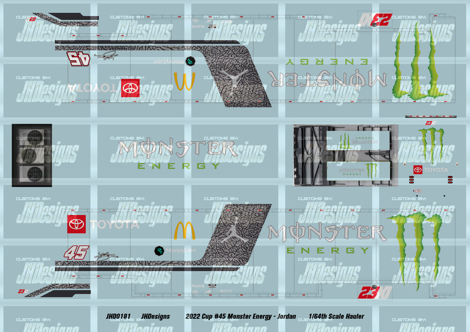 JH Designs Kurt Busch 2022 Cup #45 Monster Energy 1:64 Racecar Hauler Decal Set