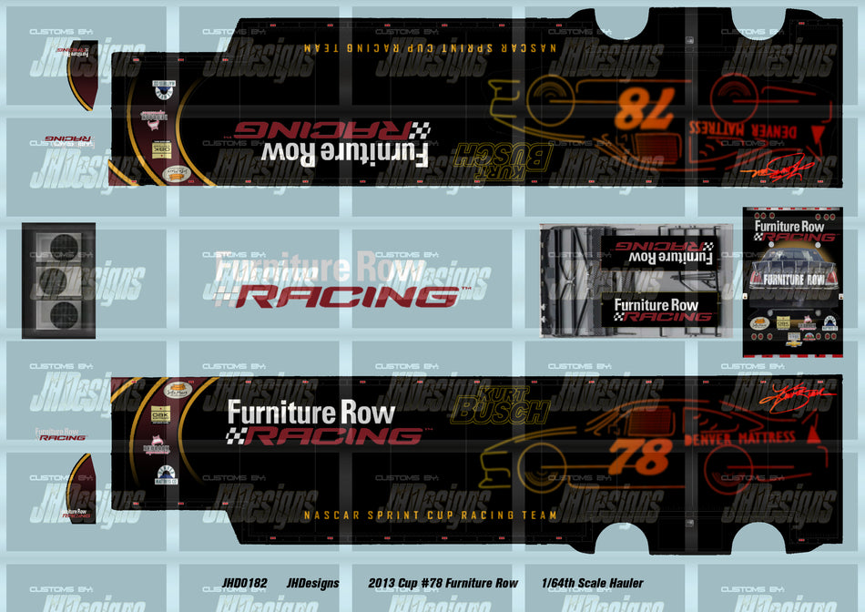 JH Designs Kurt Busch 2013 Cup #78 Furniture Row Racing 1:64 Racecar Hauler Decal Set