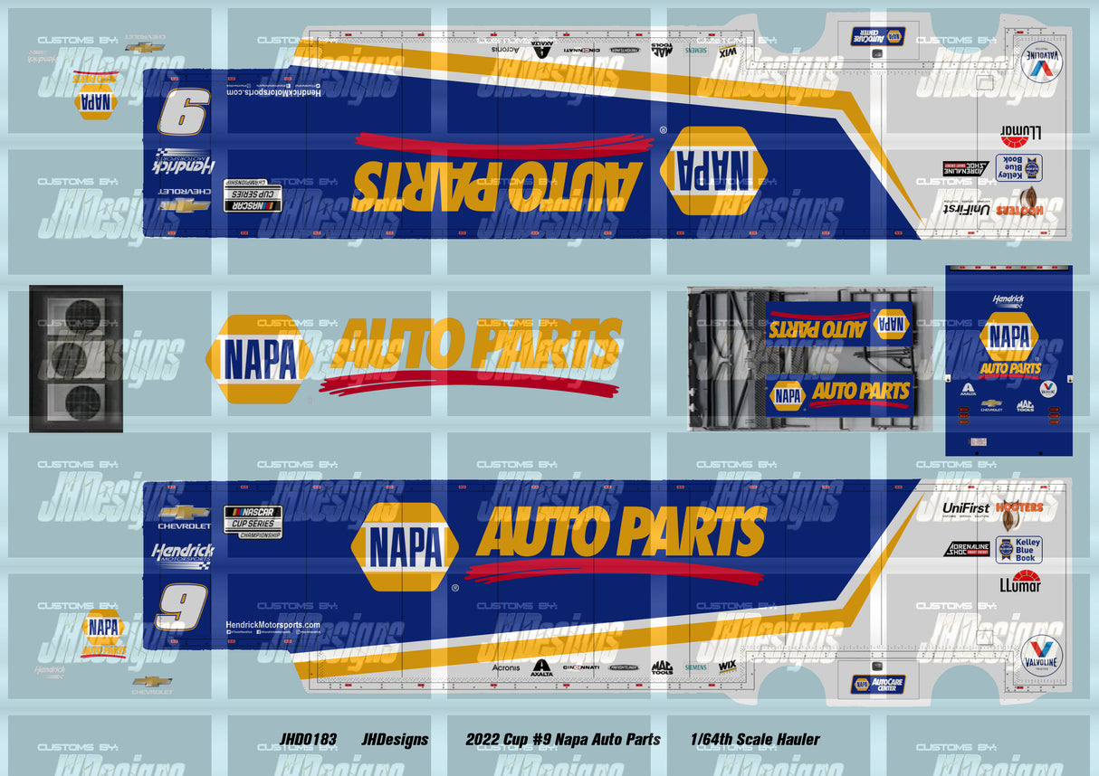 JH Designs Chase Elliott 2022 Cup #9 Napa Auto Parts 1:64 Racecar Hauler Decal Set