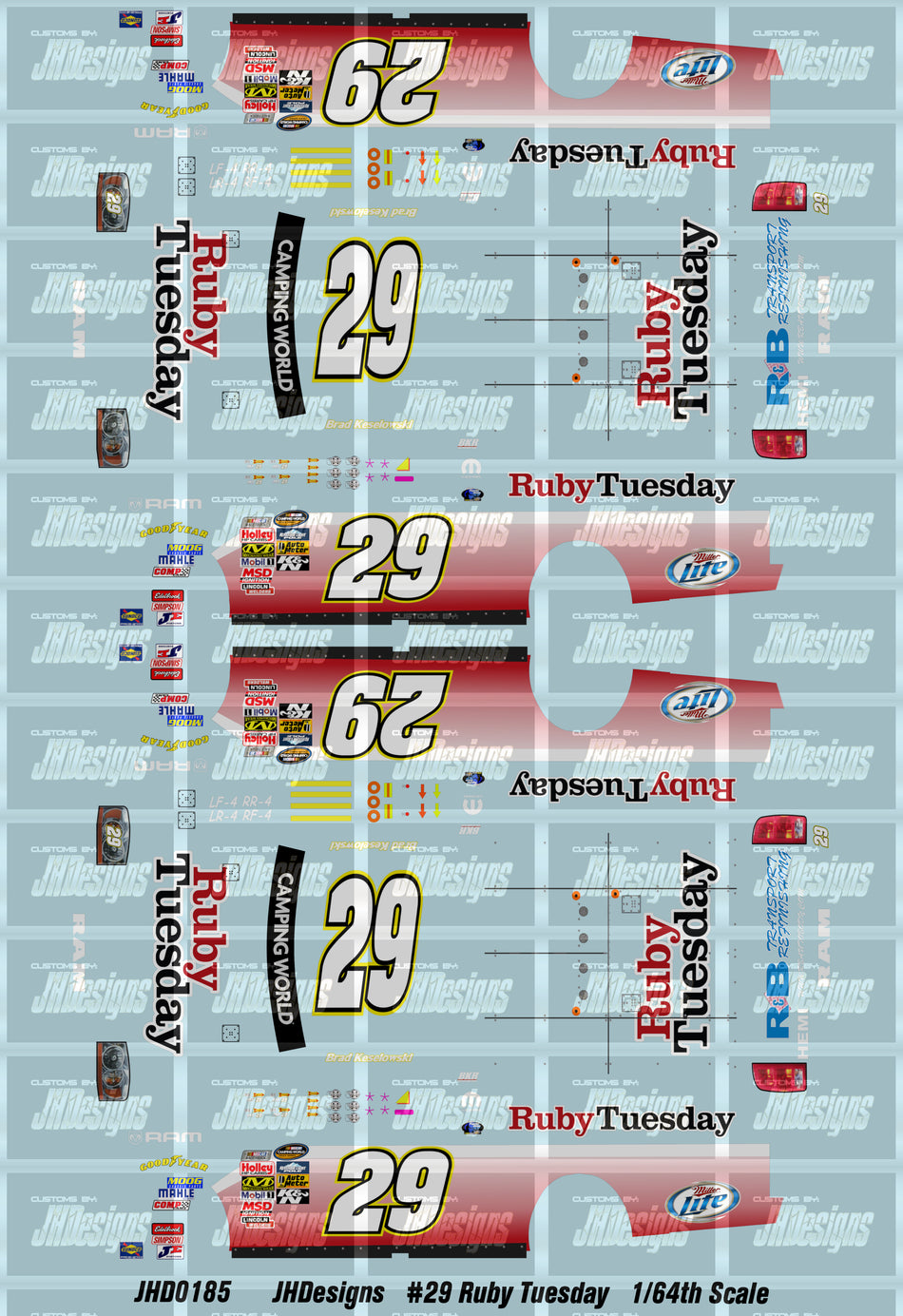 JH Designs Brad Keselowski 2012 CTS #29 Ruby Tuesday 1:64 Racecar Decal Set