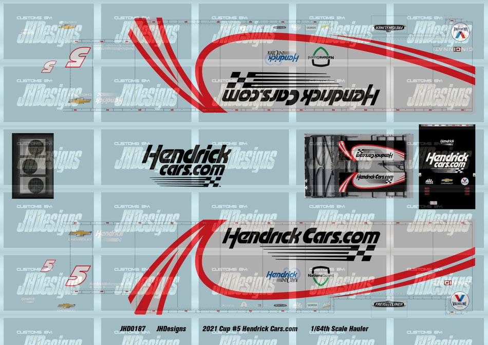 JH Designs Kyle Larson 2021 Cup #5 Hendrickcars.com 1:64 Racecar Hauler Decal Set