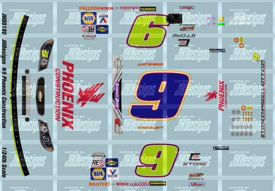 JH Designs Chase Elliott 2020 LMS #9 Phoenix Construction 1:24 Racecar Decal Set