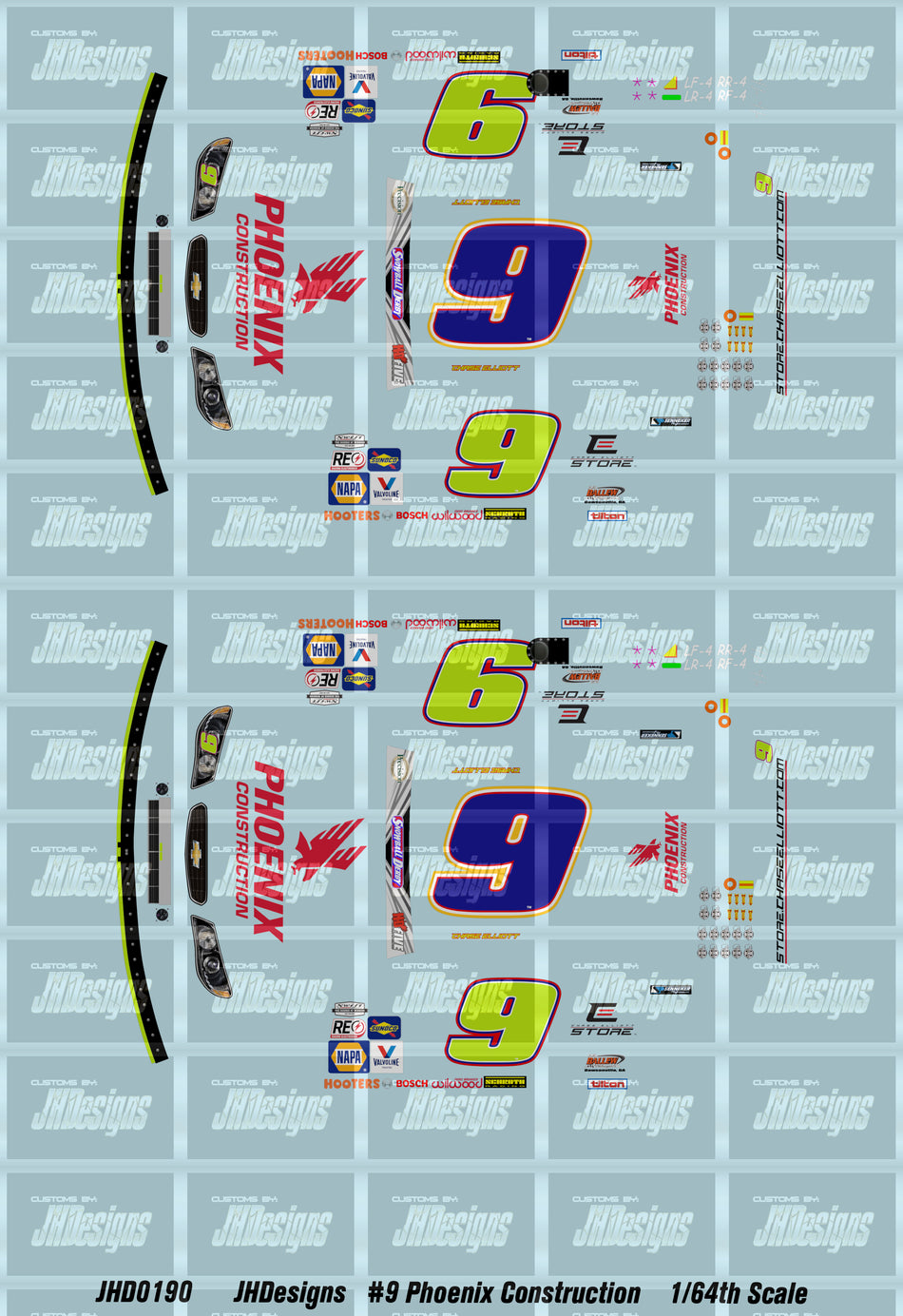 JH Designs Chase Elliott 2020 LMS #9 Phoenix Construction 1:64 Racecar Decal Set