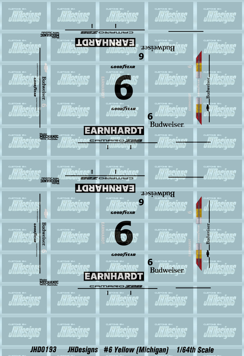 JH Designs Dale Earnhardt 1984 IROC #6 Yellow (Michigan Race) 1:64 Racecar Decal Set
