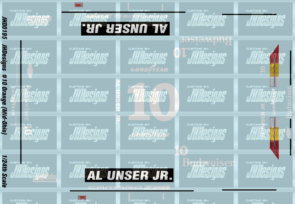 JH Designs Al Unser Jr 1986 IROC #10 Orange (Mid-Ohio Race) 1:24 Racecar Decal Set