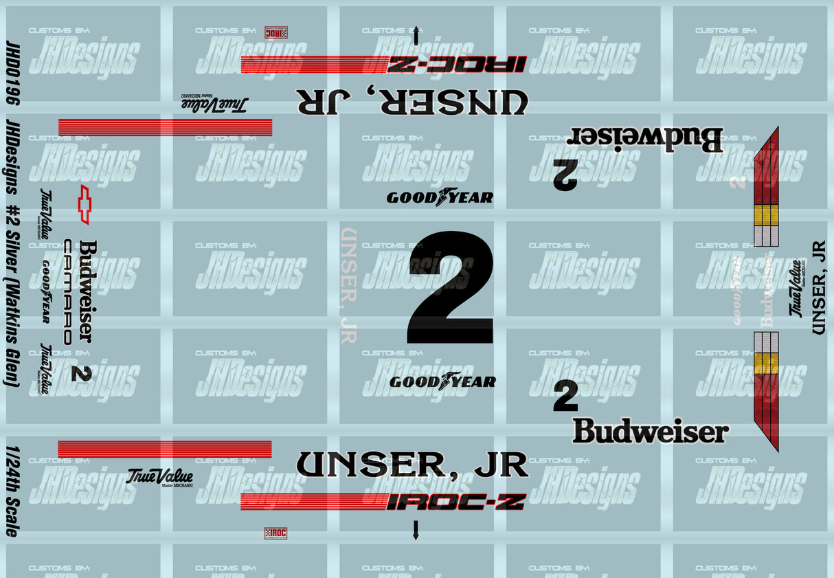 JH Designs Al Unser Jr 1988 IROC #2 Silver (Watkins Glen Race) 1:24 Racecar Decal Set
