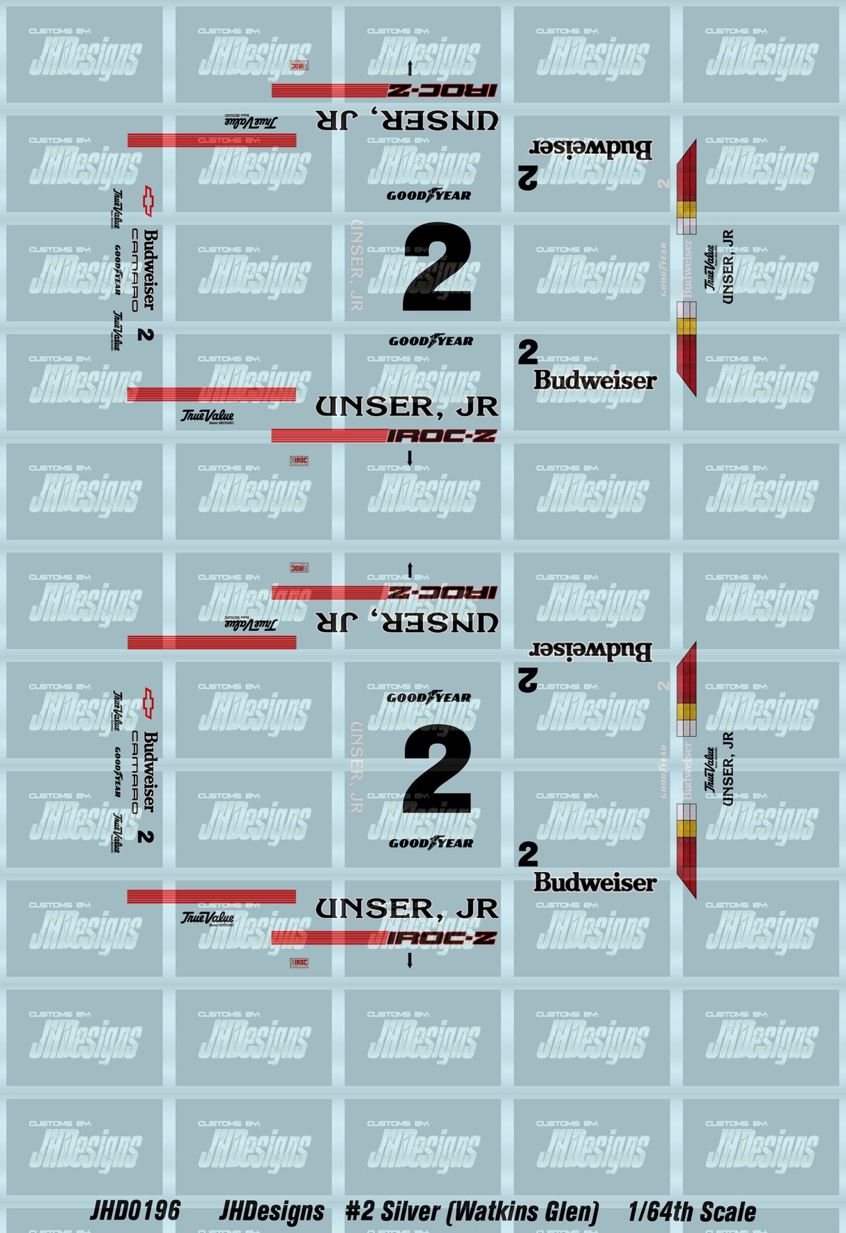 JH Designs Al Unser Jr 1988 IROC #2 Silver (Watkins Glen Race) 1:64 Racecar Decal Set