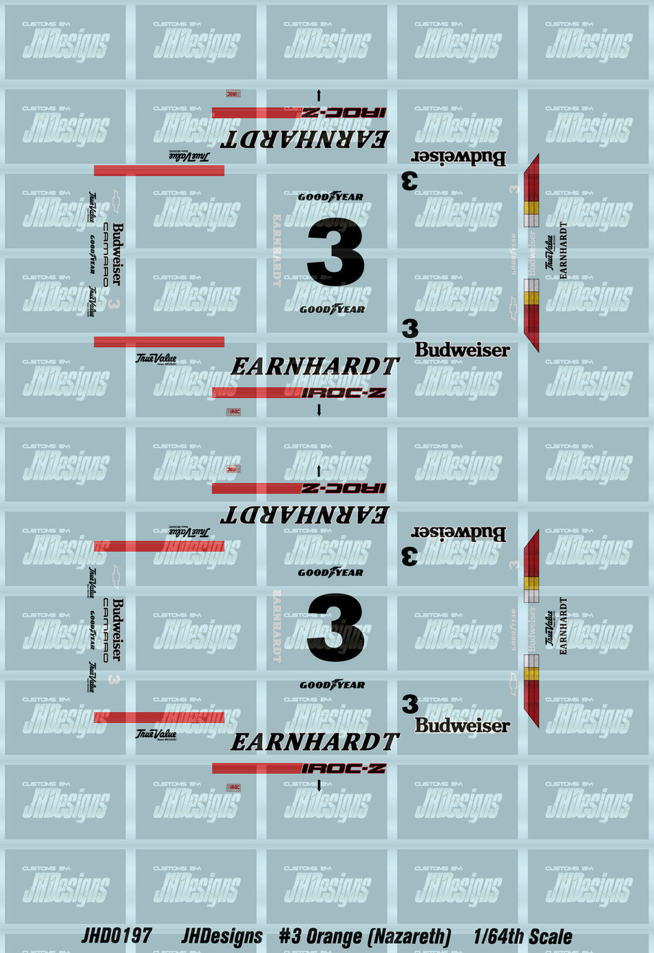 JH Designs Dale Earnhardt 1989 IROC #3 Orange (Nazareth Race) 1:64 Racecar Decal Set