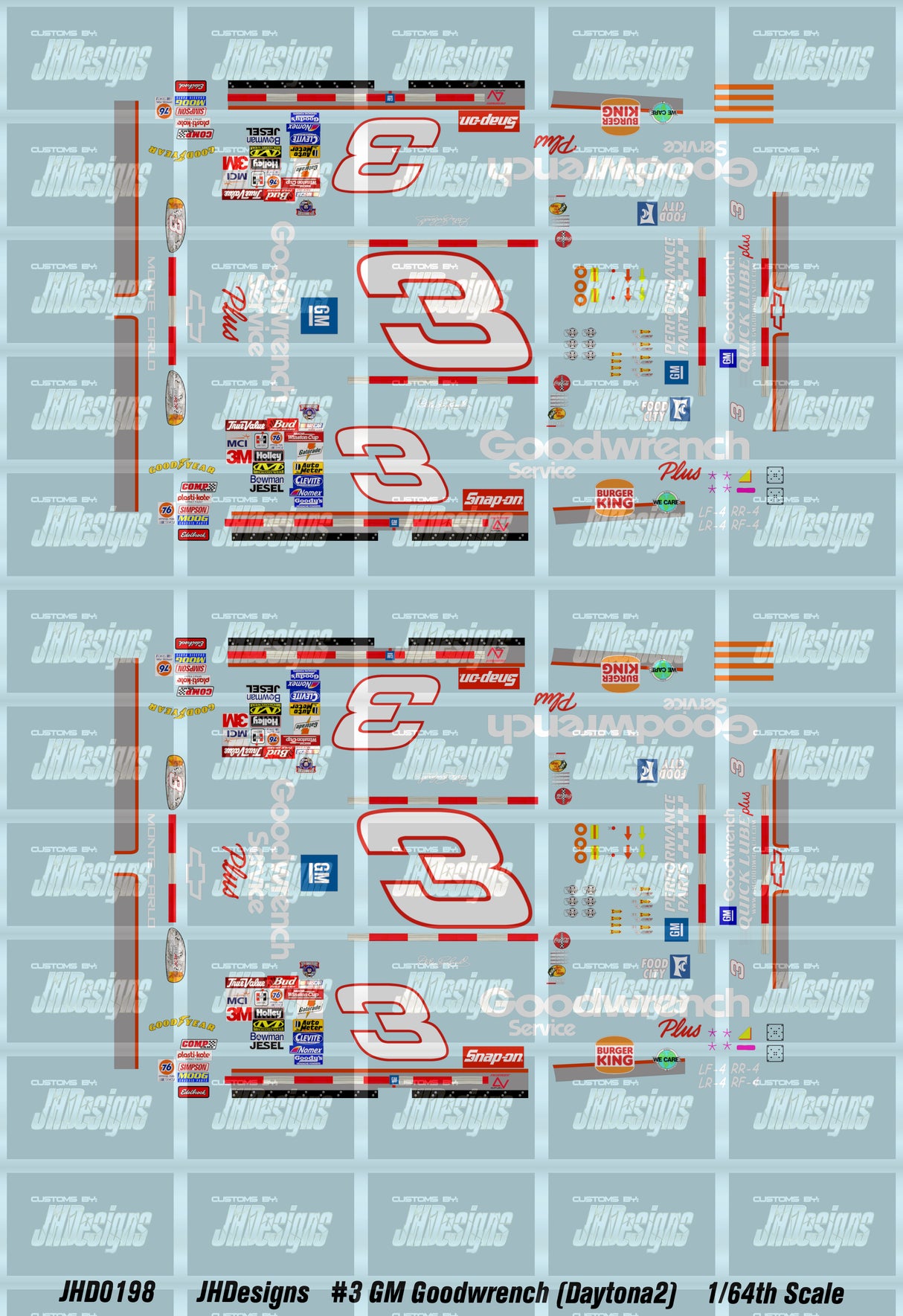 JH Designs Dale Earnhardt 1998 Cup #3 GM Goodwrench (Daytona2 Race) 1:64 Racecar Decal Set
