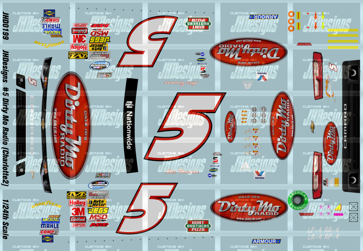 JH Designs Alex Bowman 2014 NWS #5 Dale Jr's Dirty Mo Radio (Charlotte Race) 1:24 Racecar Decal Set