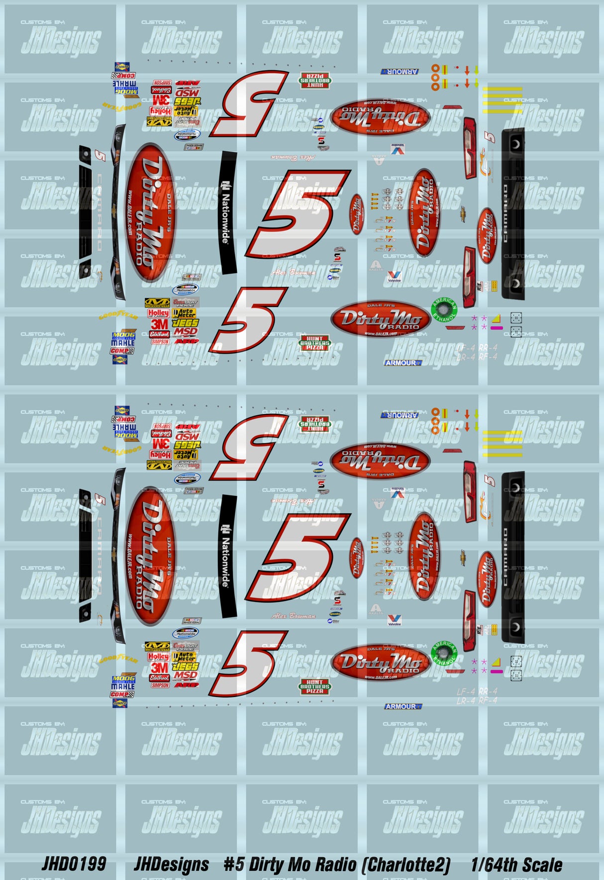 JH Designs Alex Bowman 2014 NWS #5 Dale Jr's Dirty Mo Radio (Charlotte Race) 1:64 Racecar Decal Set