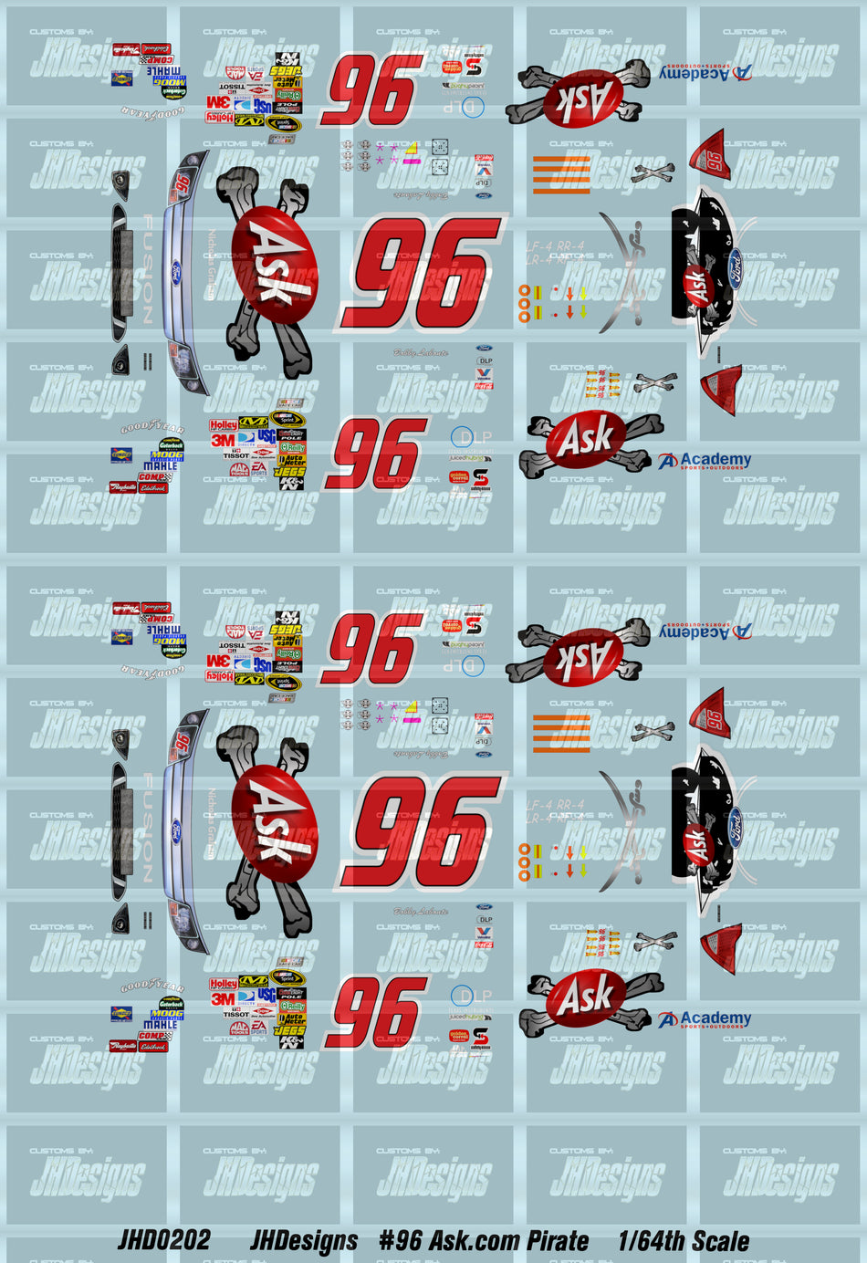 JH Designs Bobby Labonte 2009 CUP #96 Ask.com Pirates 1:64 Racecar Decal Set