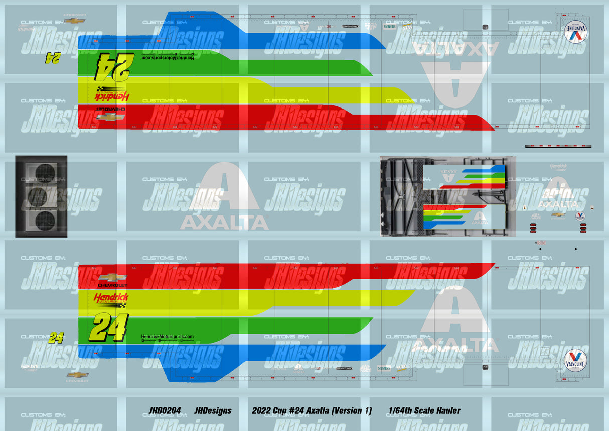 JH Designs William Byron 2022 Cup #24 Axalta (Early Season) 1:64 Racecar Hauler Decal Set