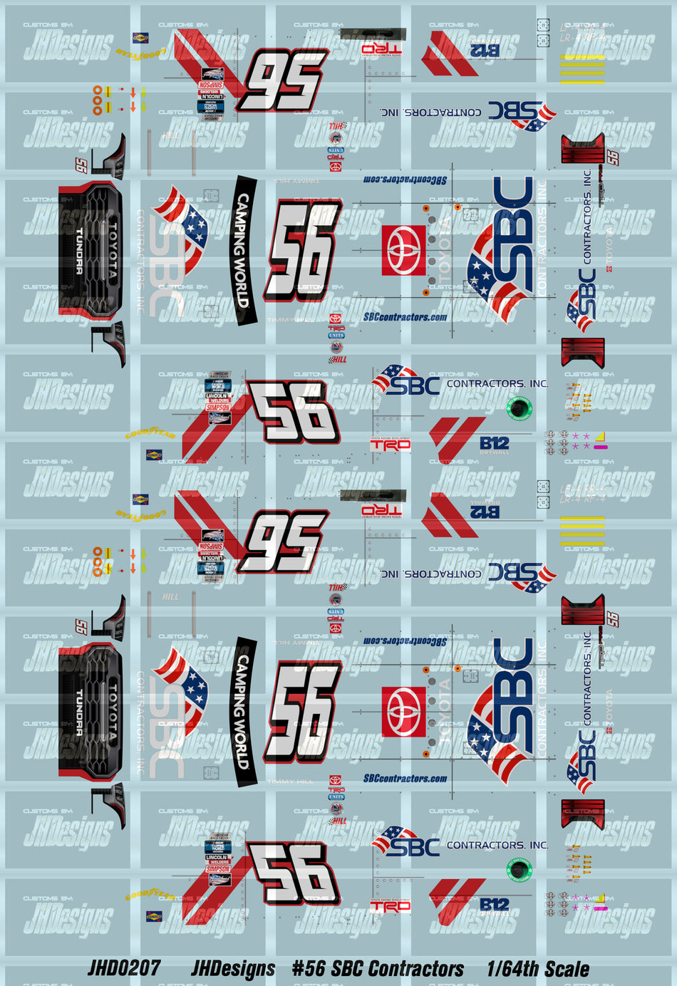 JH Designs Timmy Hill 2022 CWTS #56 SBC Contractors (Nashville Race) 1:64 Racecar Decal Set