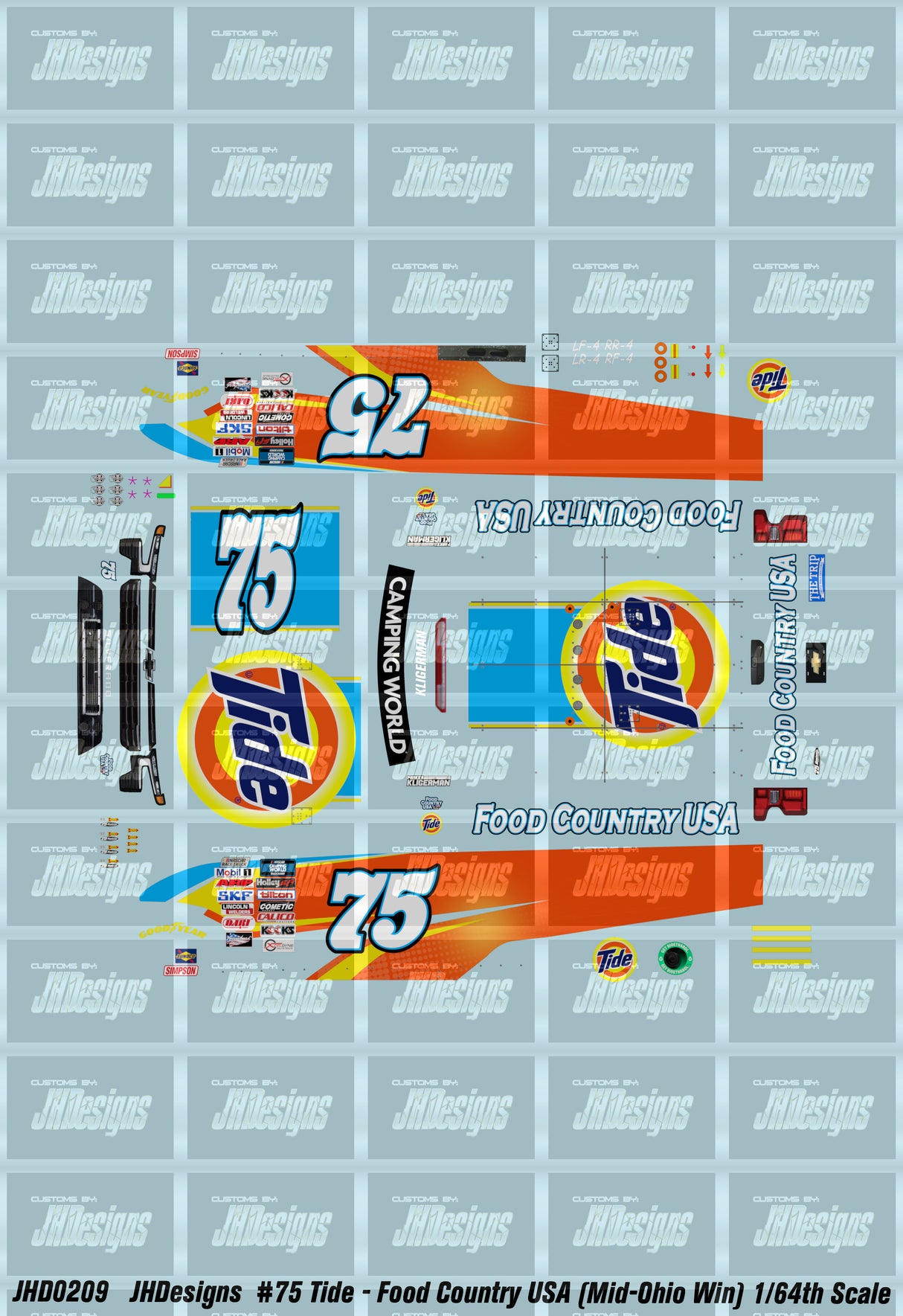 JH Designs Parker Kligerman 2022 CWTS #75 Tide - Food Country USA (Mid-Ohio Race Win) 1:64 Racecar Decal Set