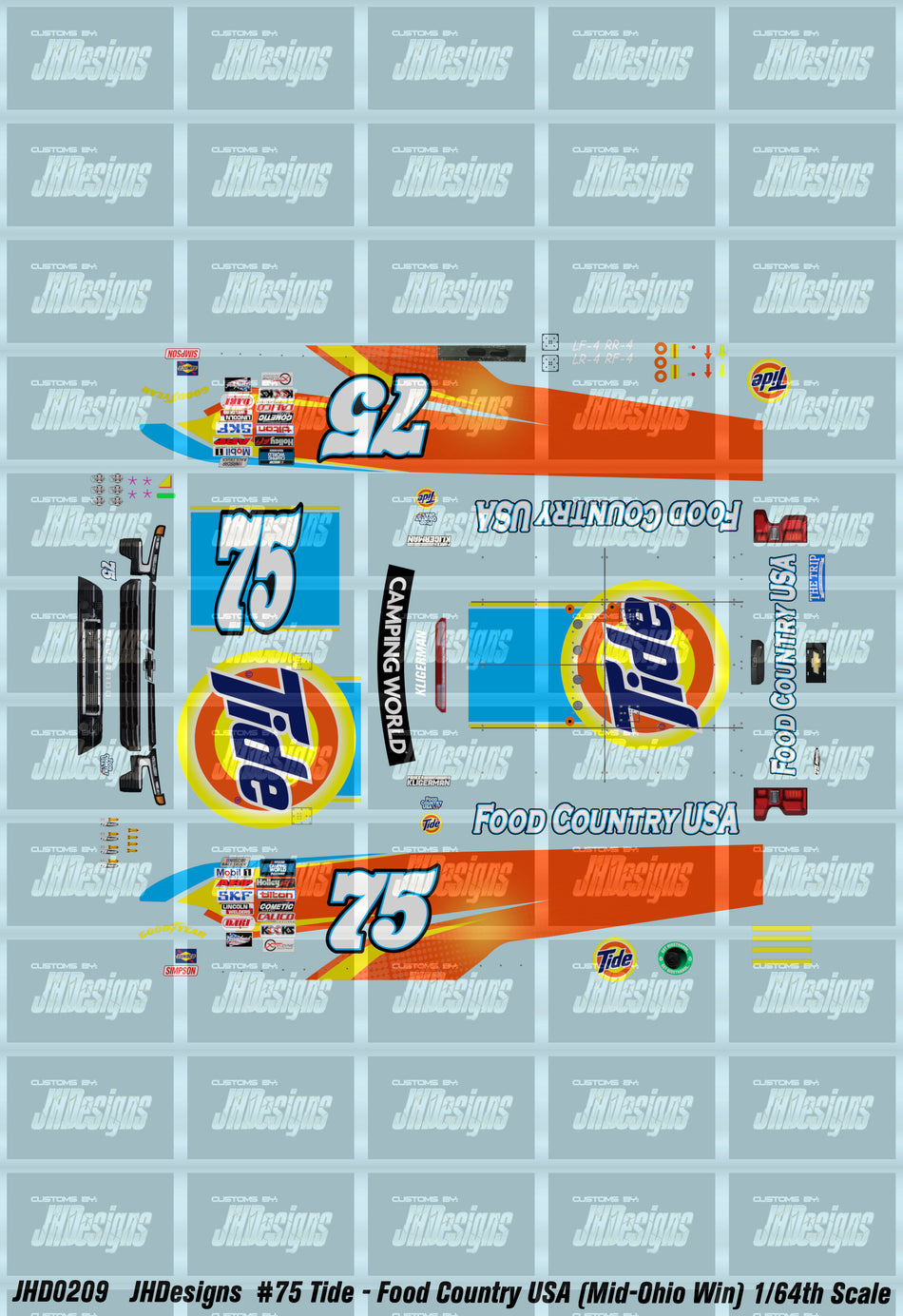 JH Designs Parker Kligerman 2022 CWTS #75 Tide - Food Country USA (Mid-Ohio Race Win) 1:64 Racecar Decal Set