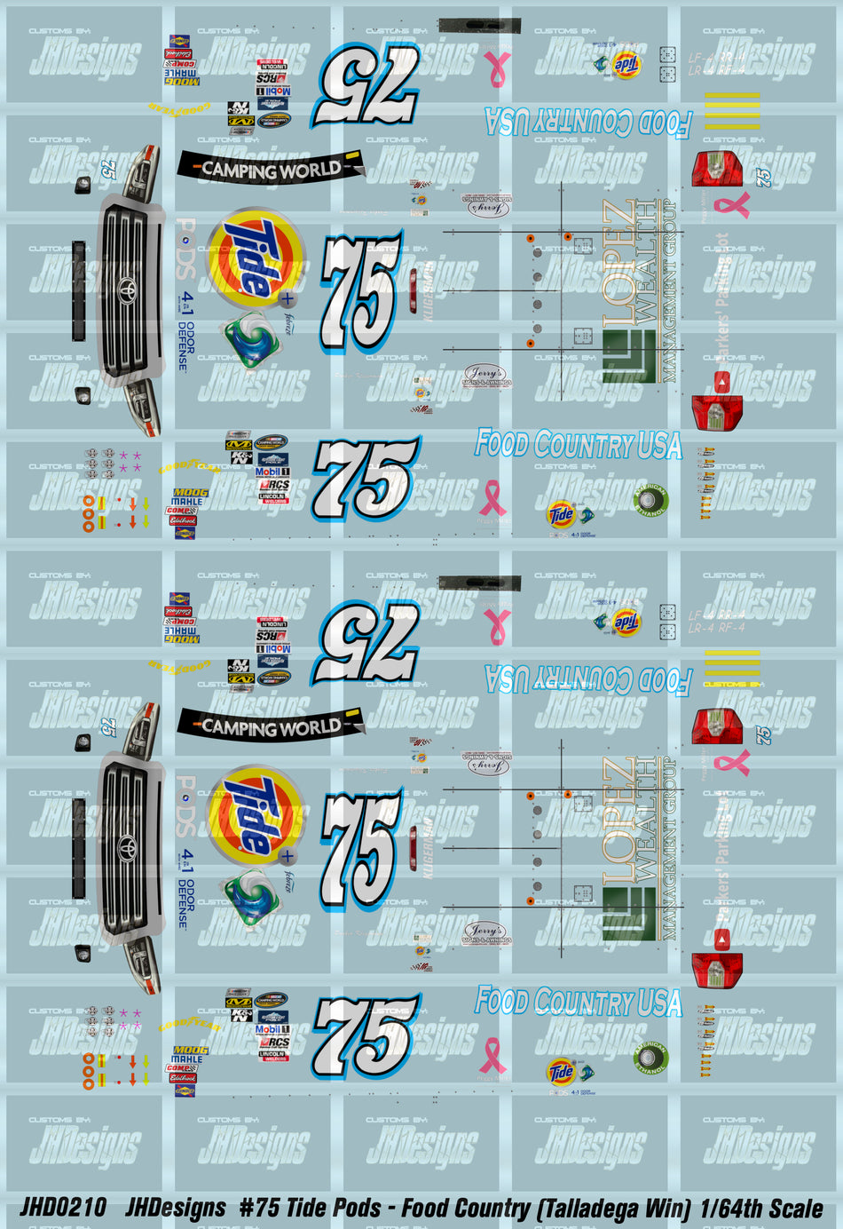 JH Designs Parker Kligerman 2017 CWTS #75 Tide Pods - Food Country USA (Talladega Race Win) 1:64 Racecar Decal Set