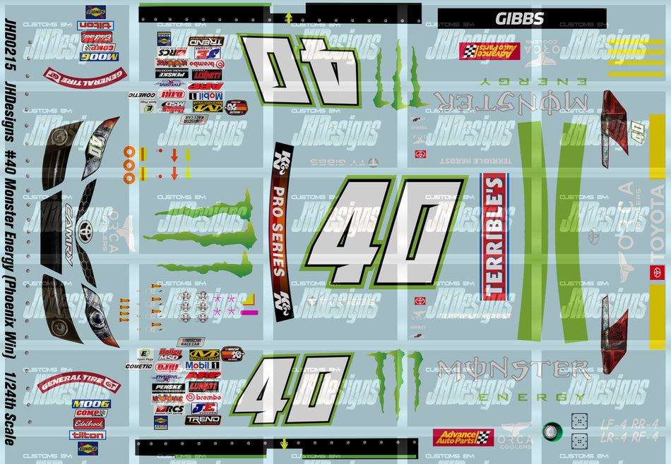 JH Designs Ty Gibbs 2019 KNS #40 Monster Energy (Phoenix Race Win) 1:24 Racecar Decal Set