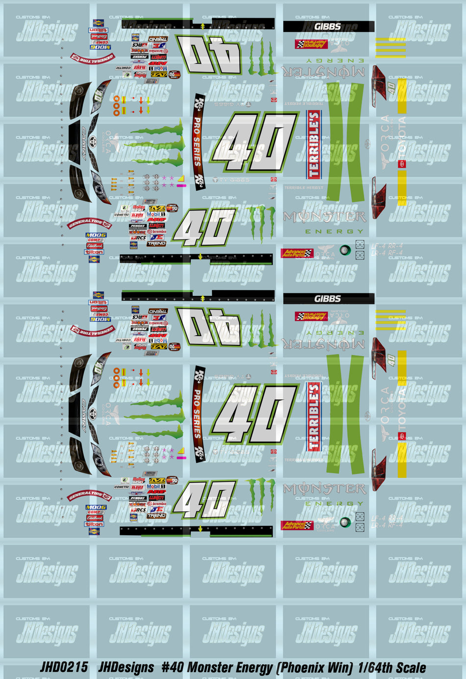 JH Designs Ty Gibbs 2019 KNS #40 Monster Energy (Phoenix Race Win) 1:64 Racecar Decal Set