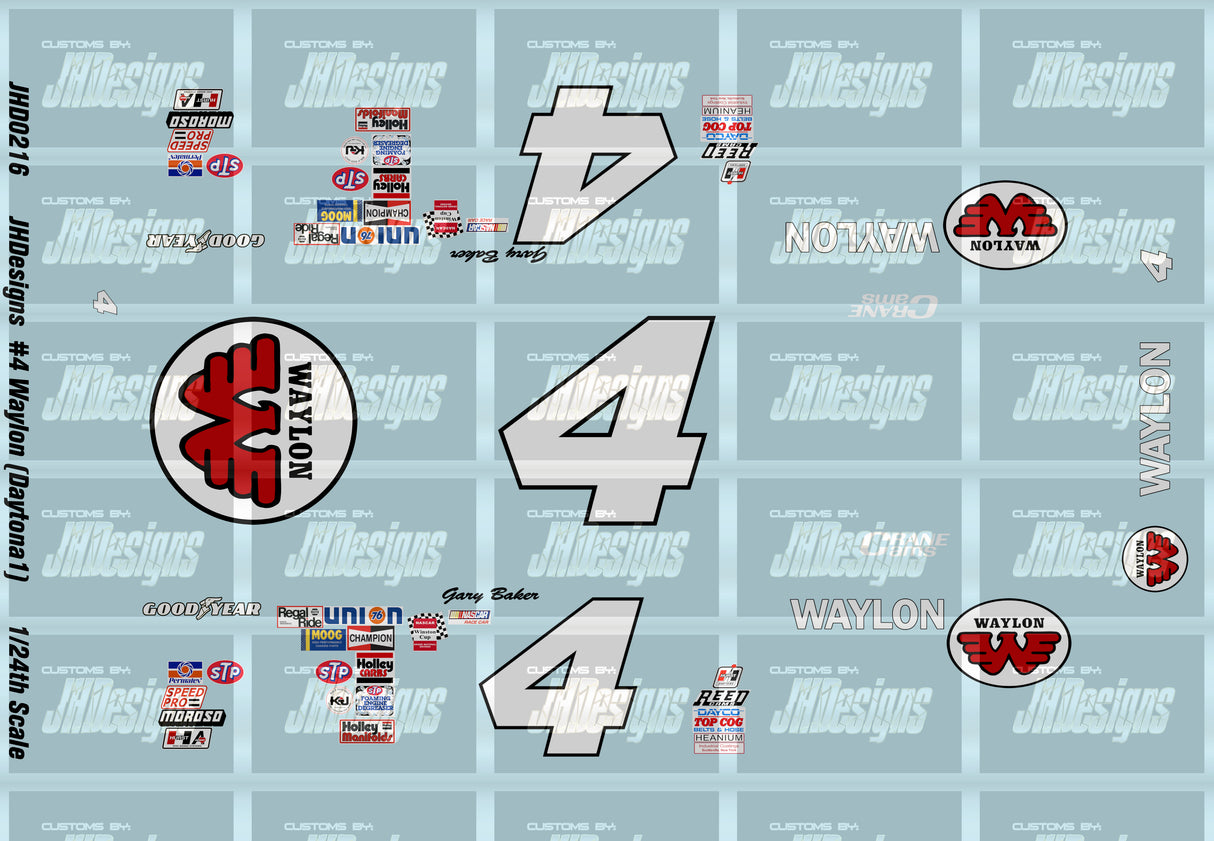 JH Designs Gary Baker 1980 CUP #4 Waylon Jennings 1:24 Racecar Decal Set