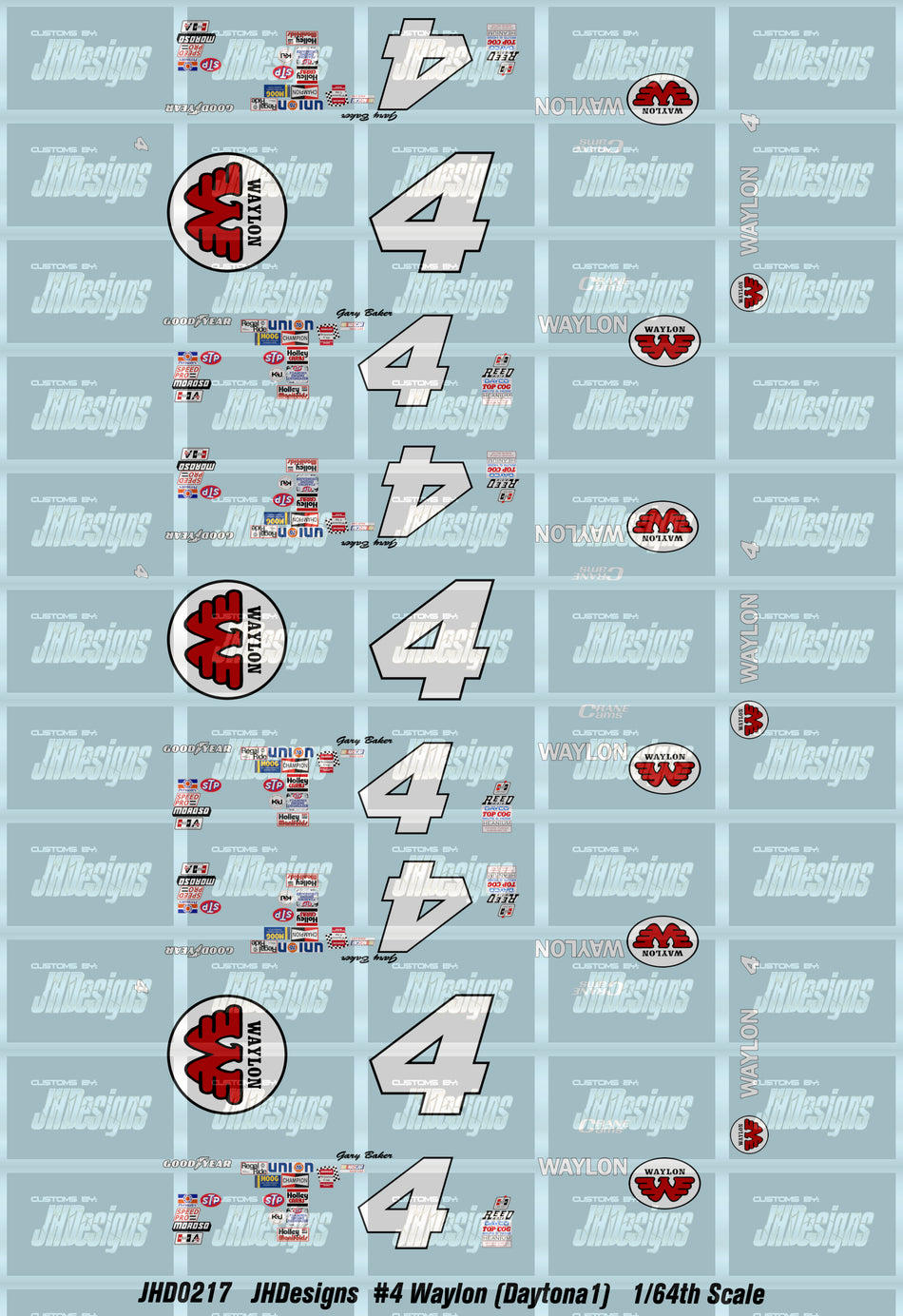 JH Designs Gary Baker 1980 CUP #4 Waylon Jennings 1:64 Racecar Decal Set