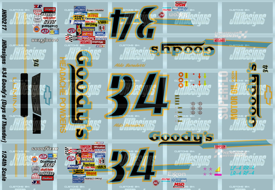 JH Designs Aldo Benedetti 1990 DOT #34 Goody's (Movie Version) 1:24 Racecar Decal Set