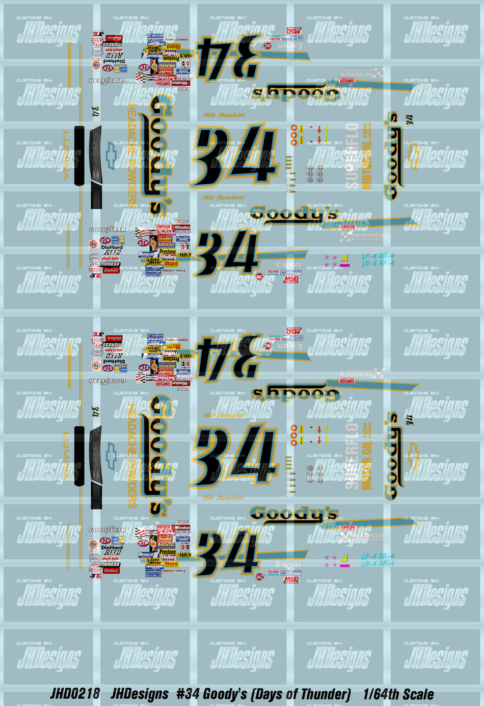 JH Designs Aldo Benedetti 1990 DOT #34 Goody's (Movie Version) 1:64 Racecar Decal Set