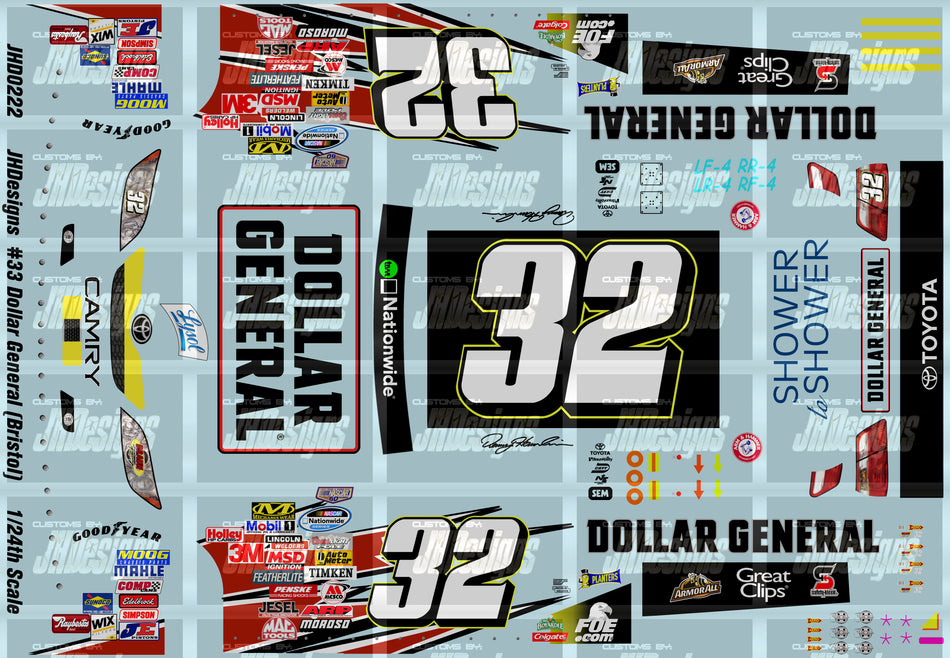 JH Designs Denny Hamlin 2008 NWS #32 Dollar General - Lysol (Bristol Race) 1:24 Racecar Decal Set